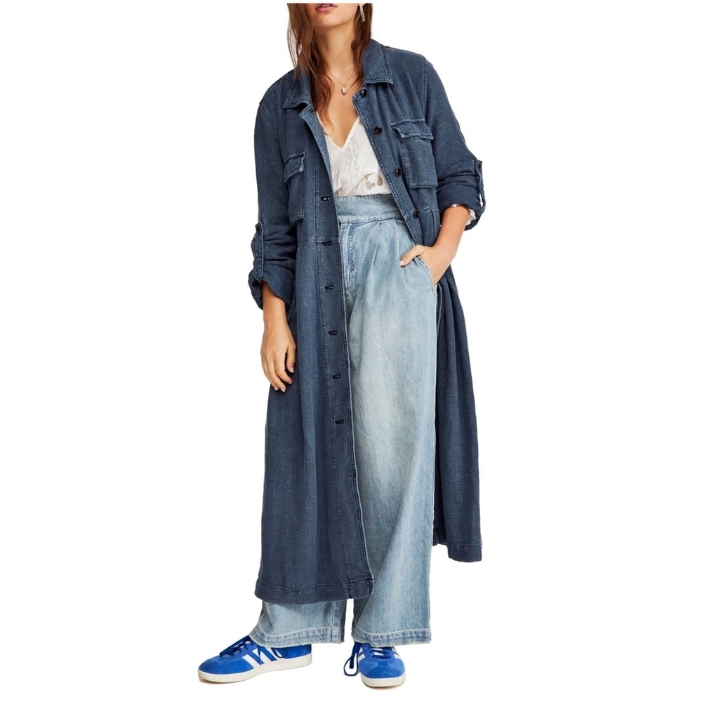 Free People Rainz Cuffed Duster Jacket Dress Indigo‎ Blue Linen Blend XS